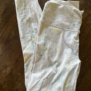 Fabletics Women’s Powerhold Cream Leggings with Green and Yellow Accents